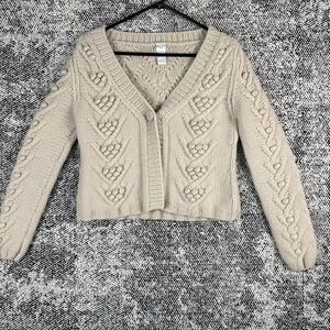 Garnet Hill Cardigan Sweater Womens Medium‎ 100% Lambswool Knit Cabled Tan